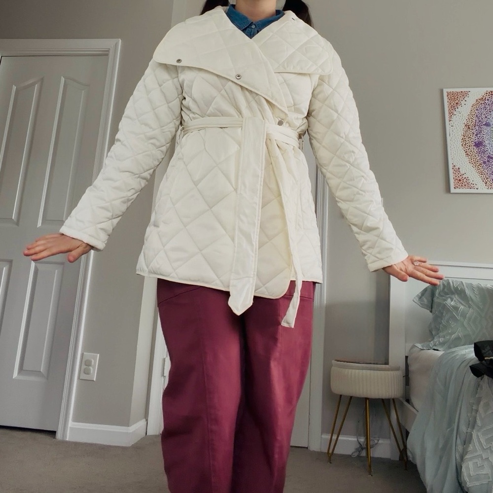 Rebecca Minkoff Cream Quilted Light Weight Puffer Jacket Tie Waist Size L NWT - Picture 3 of 9
